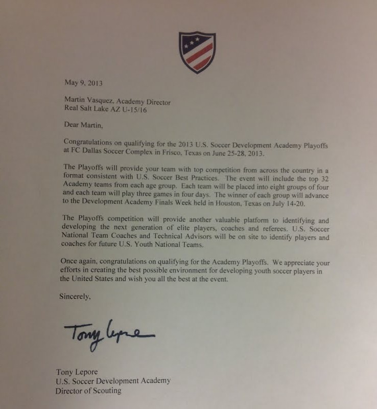 U16 Letter from US Soccer