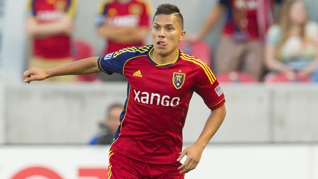 Jul 3, 2013; Sandy, UT, USA; Real Salt Lake defender Carlos Salcedo (16) controls the ball during the first half against the Philadelphia Union at Rio Tinto Stadium. Mandatory Credit: Russ Isabella-USA TODAY Sports